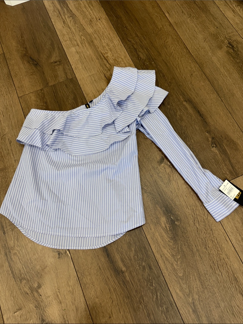 NWT Want & Need Striped One-Shoulder Ruffle Top - Blue
